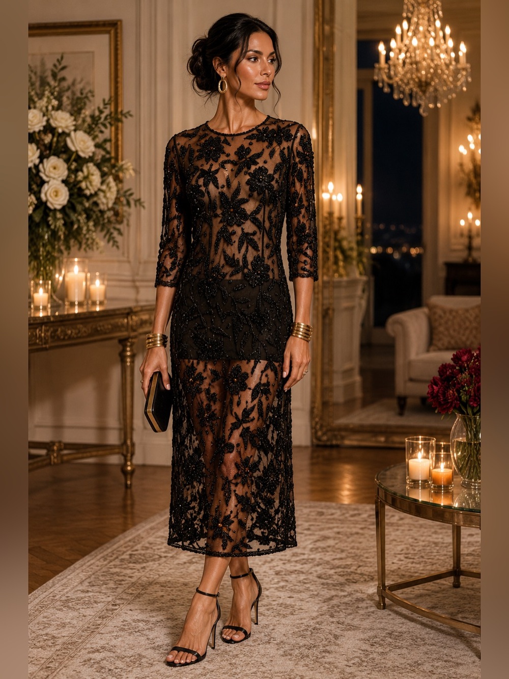VTG Heavy Beaded Mesh Overlay Dress Black Floral Couture Evening Wear Art Size S - Picture 3 of 11